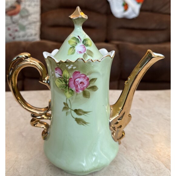 VTG Lefton Handpainted Porcelain Lidded Teapot #3065 Green Heritage Rose Pattern - Picture 2 of 5